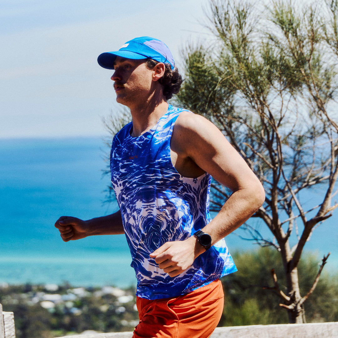 Mens Blue Performance Running Singlet on Model